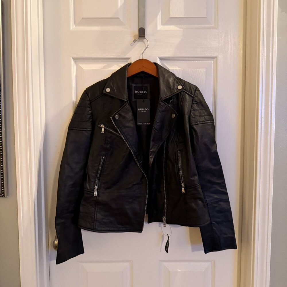 NWT - Barneys New York Women's Black Leather Biker Jacket Size 12 / US 8
